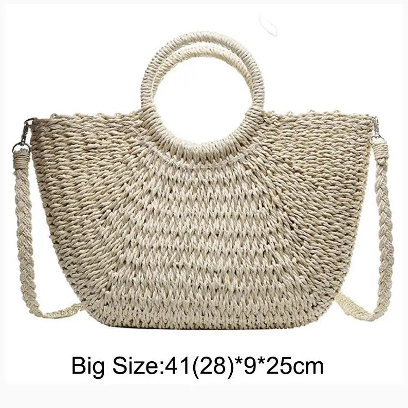 Moon-Shaped Handmade Straw Beach Bag Boho Chic Summer Tote for Women Travel & Holidays