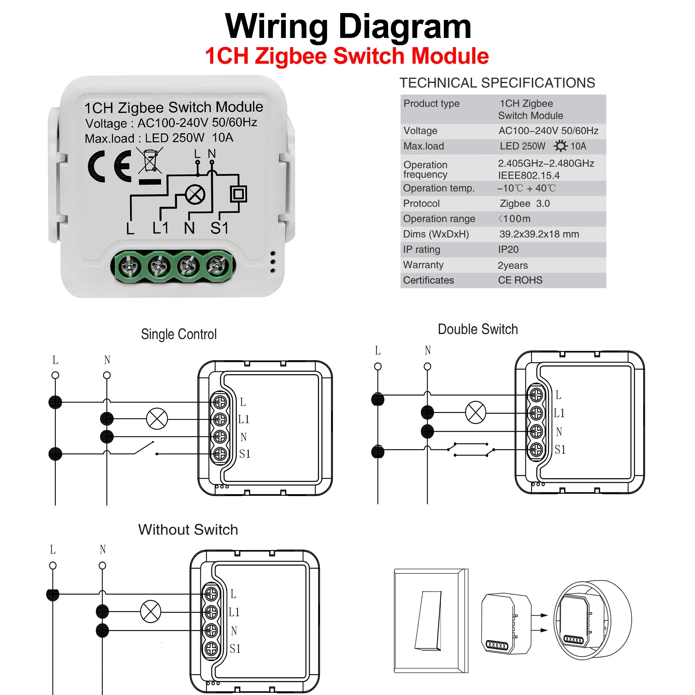 GIRIER ZigBee Smart Light Switch Module 4 Gang DIY Relay Works with Alexa or Google Home