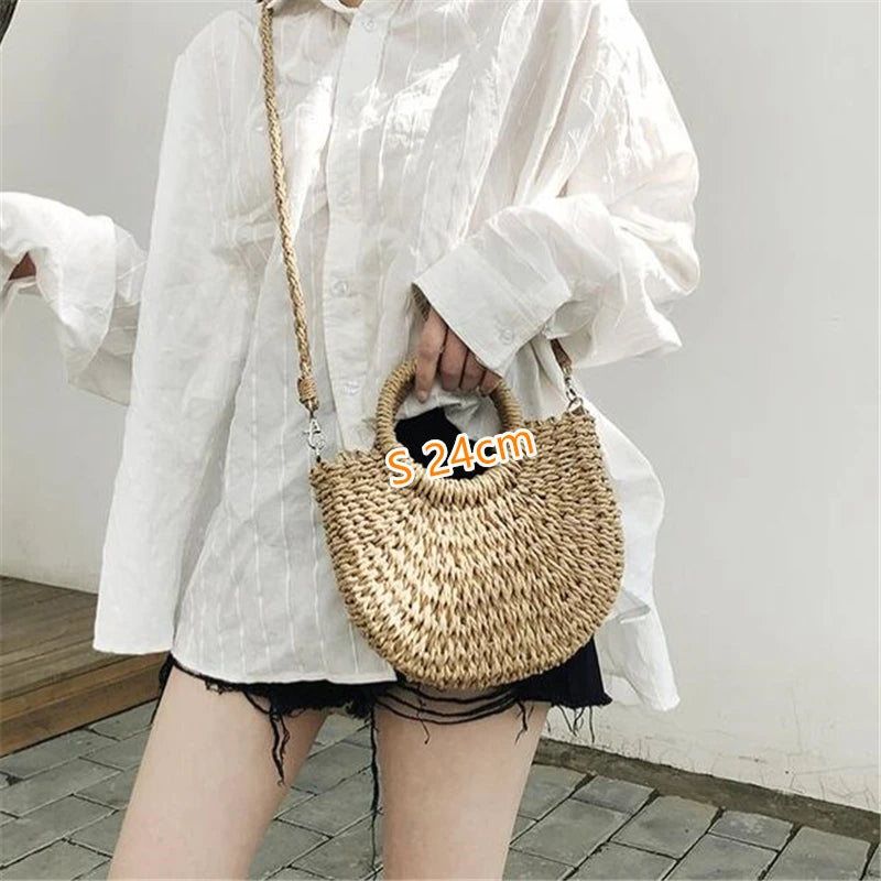 Moon-Shaped Handmade Straw Beach Bag Boho Chic Summer Tote for Women Travel & Holidays