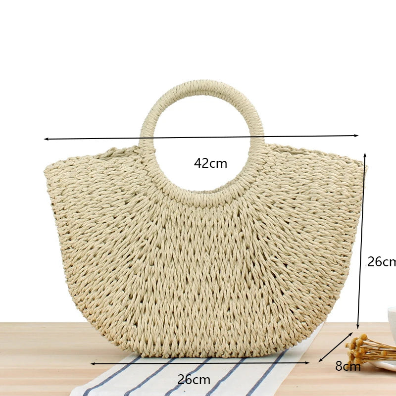 Moon-Shaped Handmade Straw Beach Bag Boho Chic Summer Tote for Women Travel & Holidays