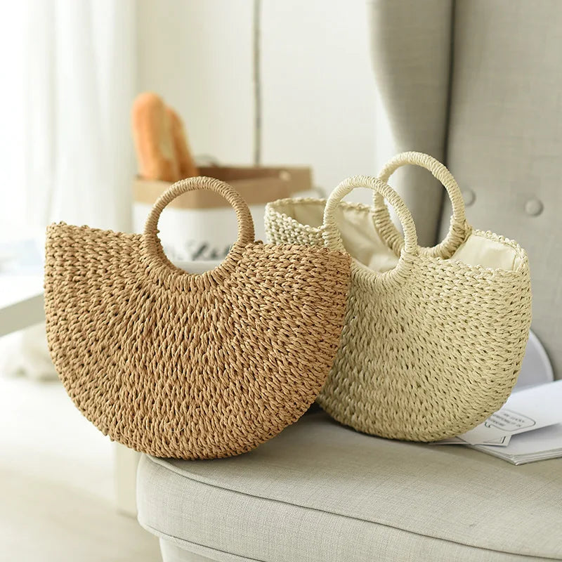 Moon-Shaped Handmade Straw Beach Bag Boho Chic Summer Tote for Women Travel & Holidays
