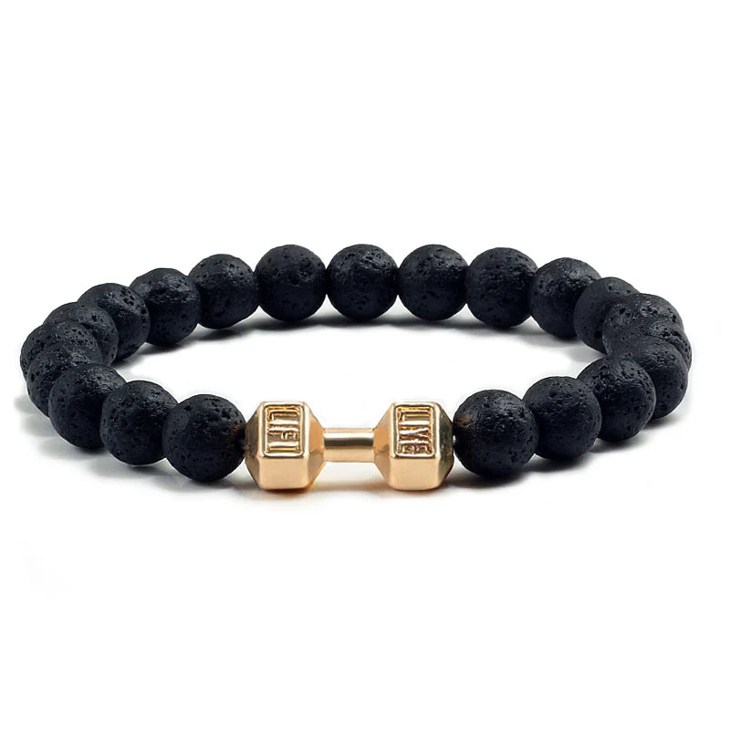Natural Lava Stone Bead Bracelet for Men & Women with Dumbbell Charm Fitness Jewellery