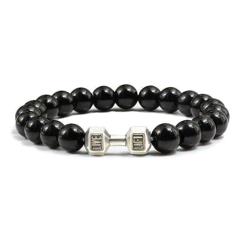 Natural Lava Stone Bead Bracelet for Men & Women with Dumbbell Charm Fitness Jewellery