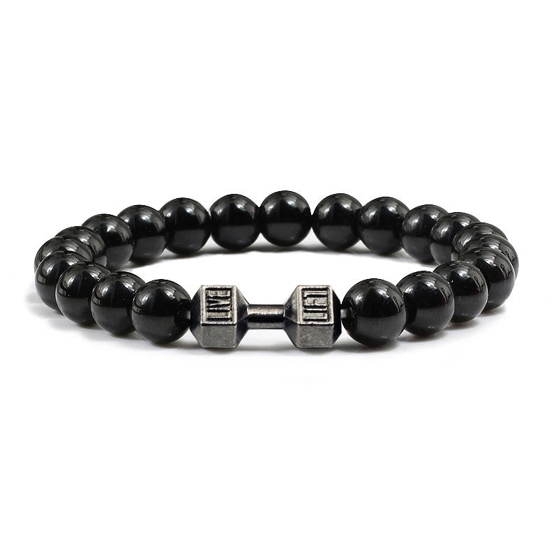 Natural Lava Stone Bead Bracelet for Men & Women with Dumbbell Charm Fitness Jewellery