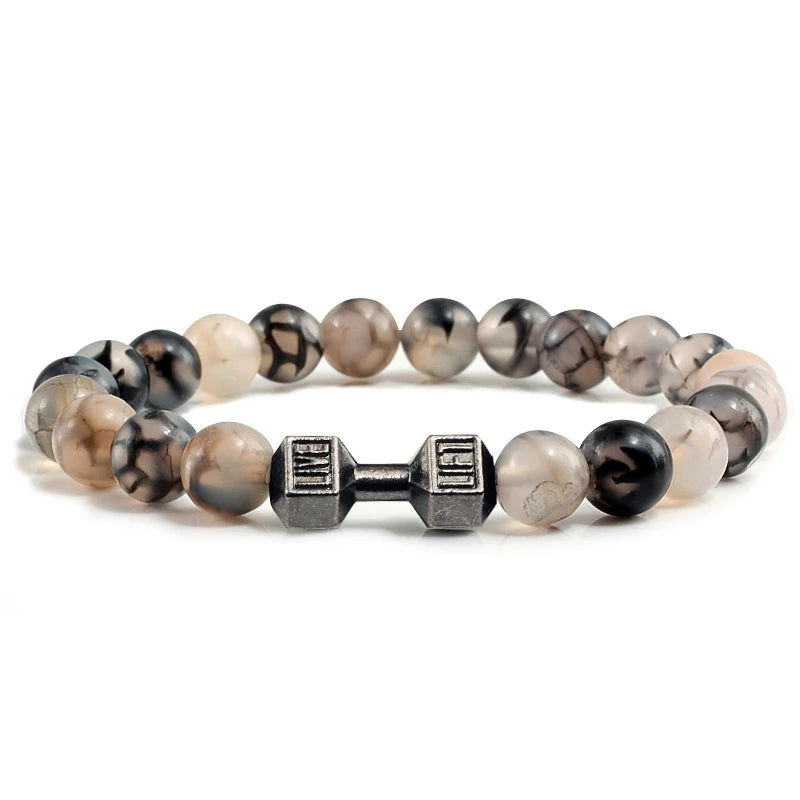 Natural Lava Stone Bead Bracelet for Men & Women with Dumbbell Charm Fitness Jewellery