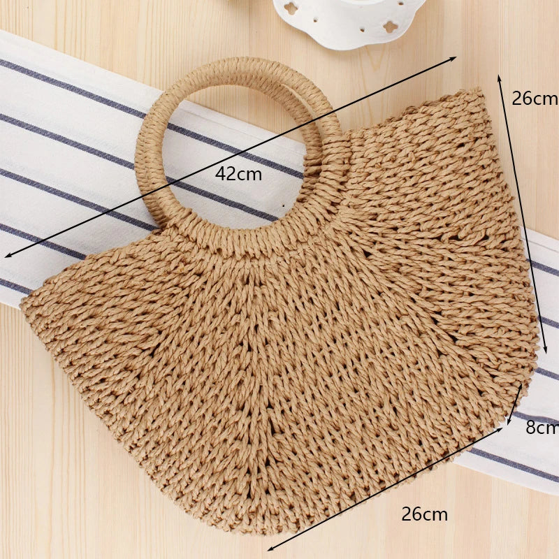 Moon-Shaped Handmade Straw Beach Bag Boho Chic Summer Tote for Women Travel & Holidays