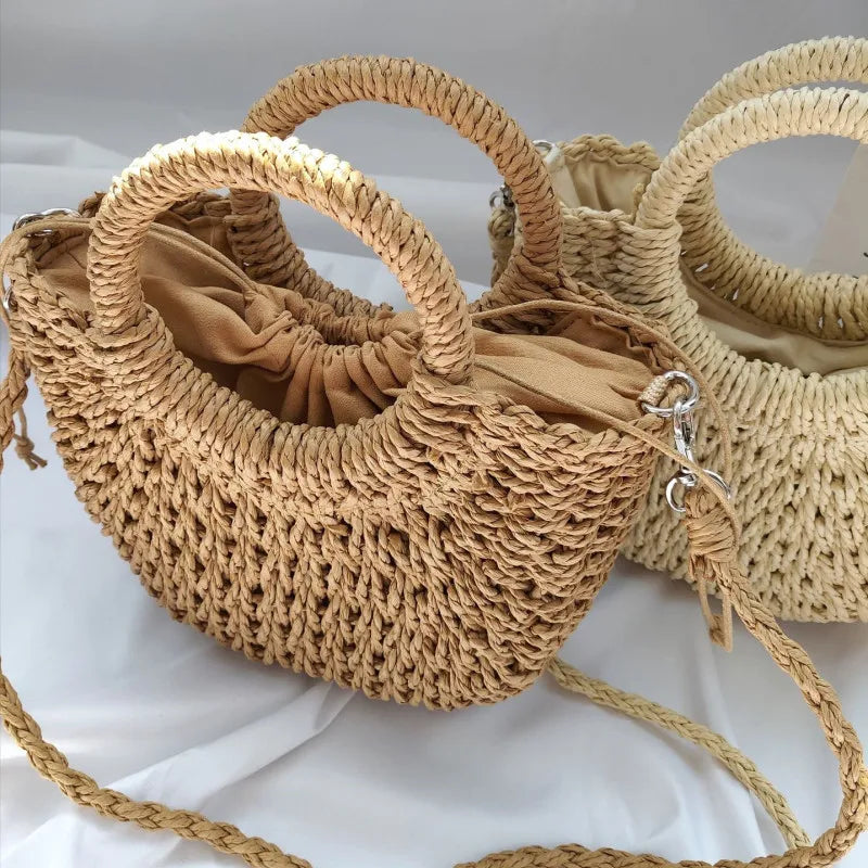 Moon-Shaped Handmade Straw Beach Bag Boho Chic Summer Tote for Women Travel & Holidays