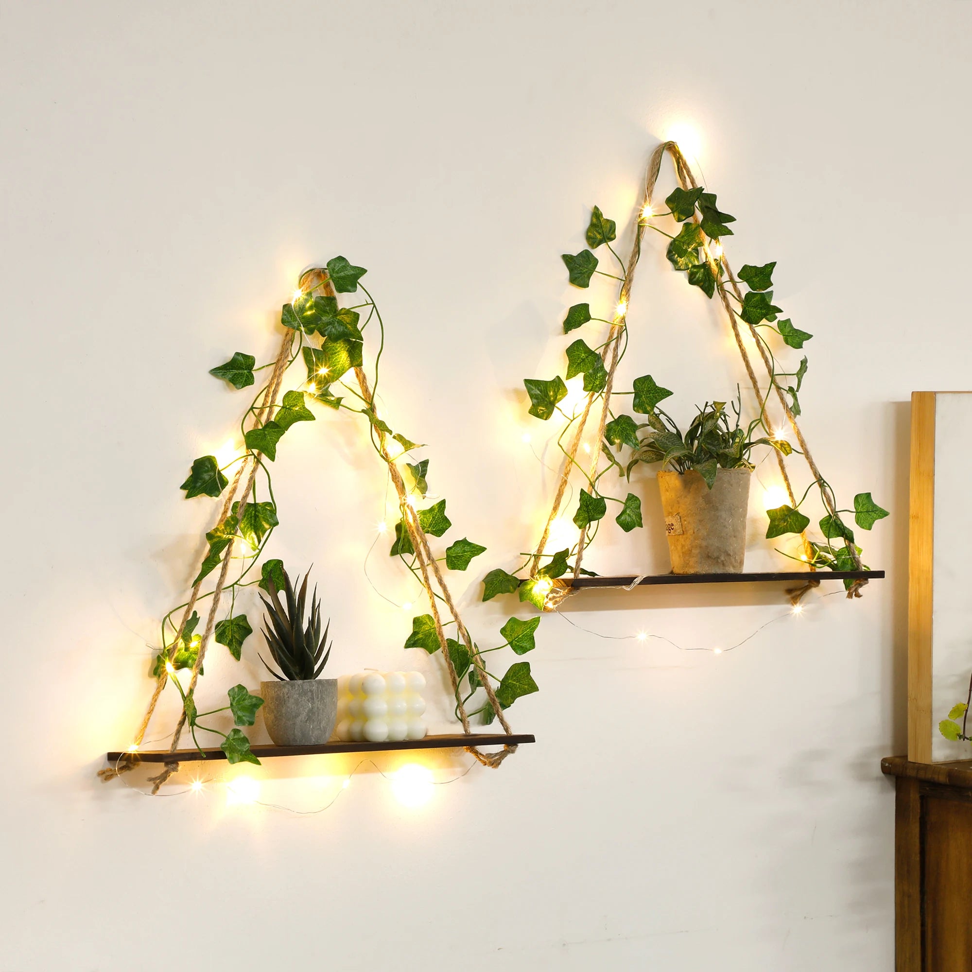 LED Floating Wall Shelf Boho Wooden Hanging Shelf with Leaf Decor Ambient LED Home Storage Display