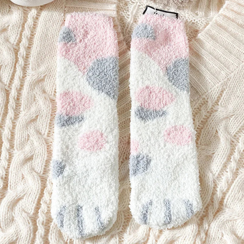Autumn Winter Coral Velvet Cat Claw Socks – Warm Middle Tube Sleep & Floor Socks for Women Girls