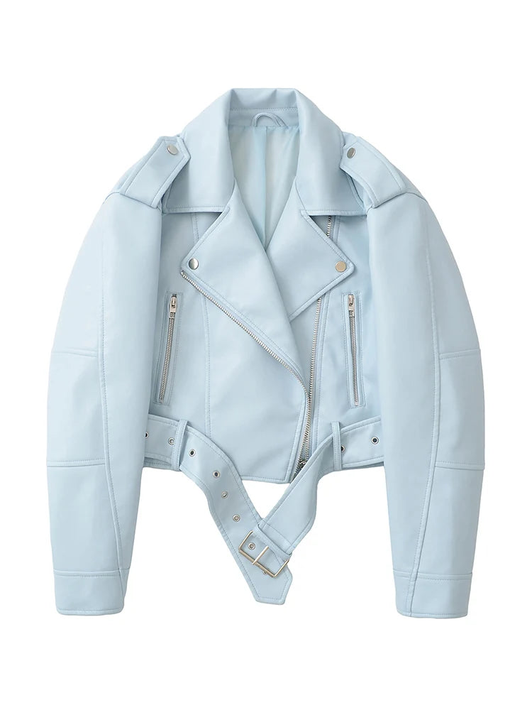 Women’s Chic Faux PU Leather Biker Jacket Belted Zip Moto Short Lapel All Seasons Wear