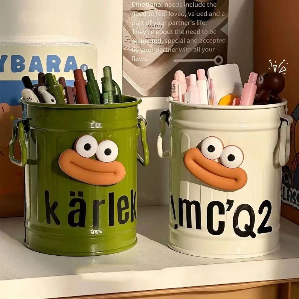 CARTOON PEN HOLDER – Cute Desk Organiser & Simple Office Storage Box with Random Letter Stickers