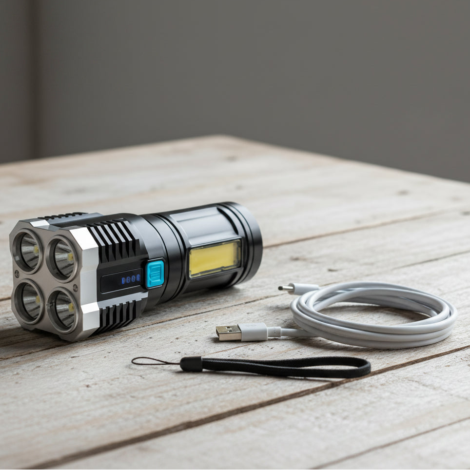 Rechargeable LED Camping Flashlight with COB Side Light USB Torch IP64 Waterproof 4 Modes 100m Beam