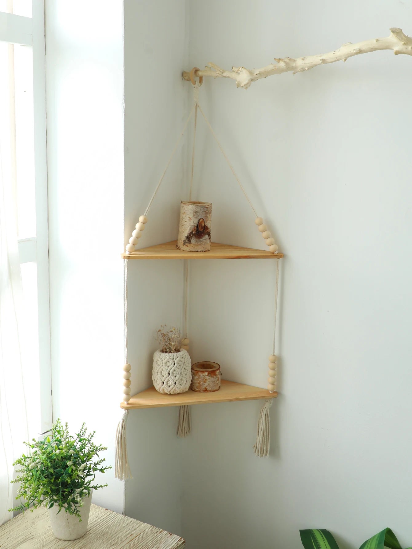 Wooden Corner Floating Macrame Shelf Boho Wall Organiser Plant Candle Photo Display Home Decor