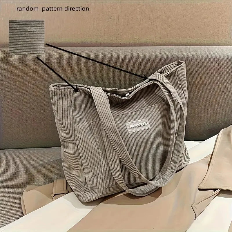 Trendy Corduroy Tote Bag with Front Pocket Large Capacity Casual Shoulder Handbag Women