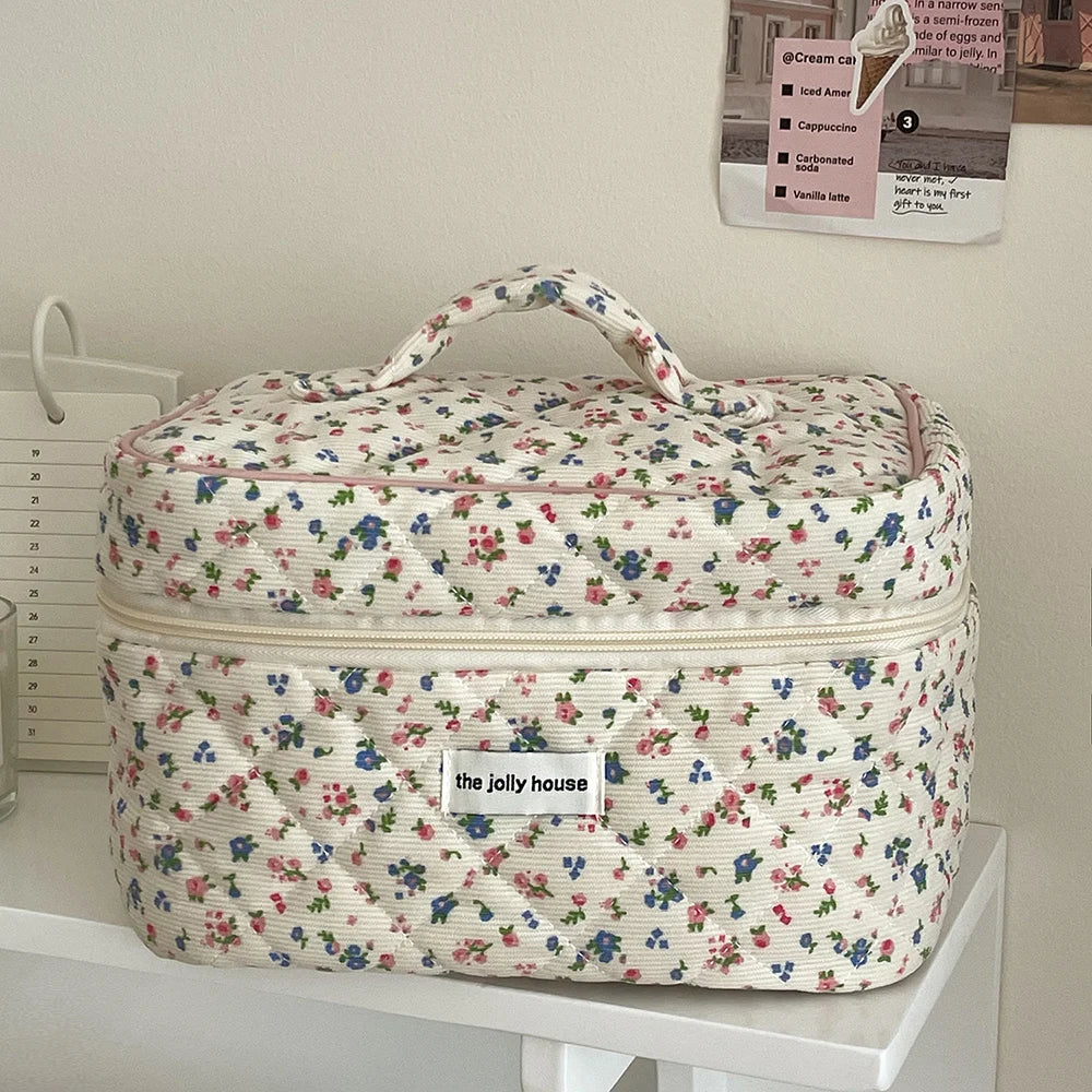 Vintage Floral Women Makeup Bag – Cotton Tote, Quilted Travel Organizer with Zipper Closure