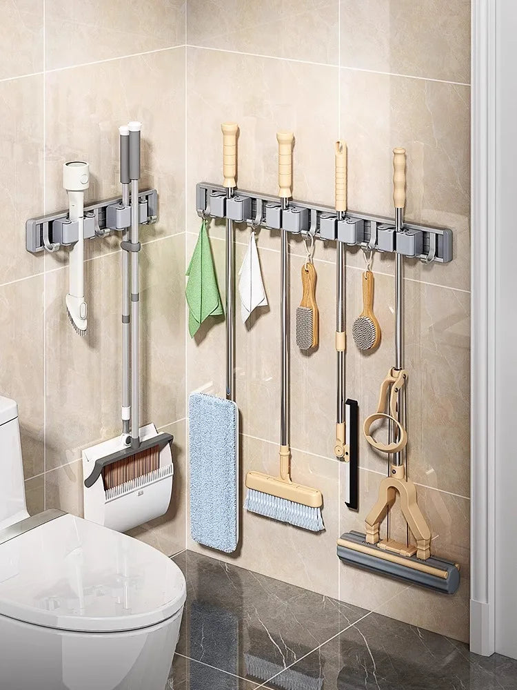 Wall Mounted Mop and Broom Holder Rack Aluminium Organiser with Hooks Adjustable Storage Shelf