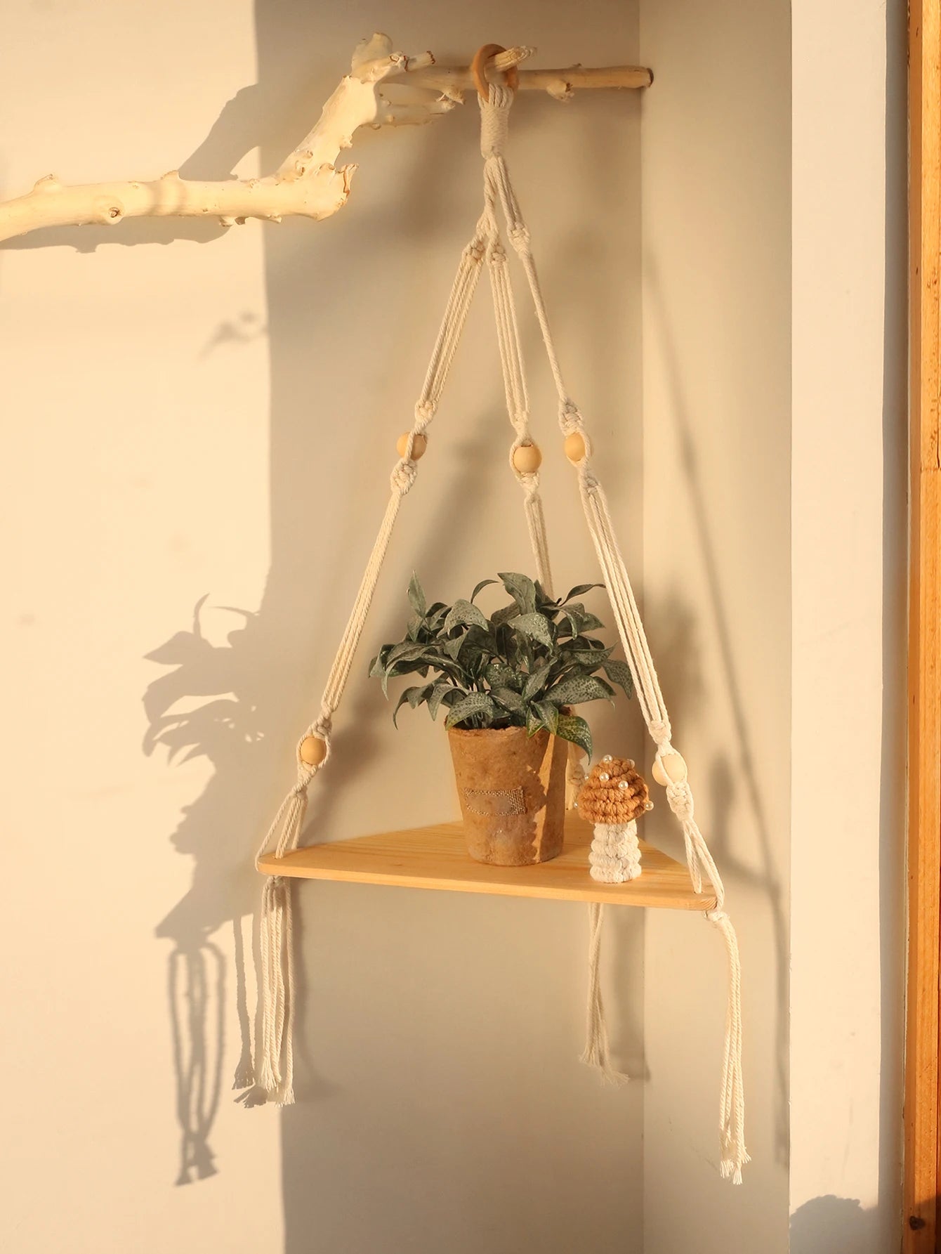 Wooden Corner Floating Macrame Shelf Boho Wall Organiser Plant Candle Photo Display Home Decor