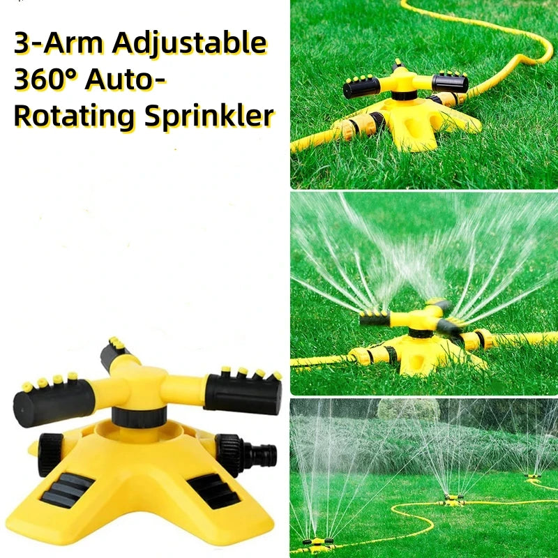 3-Arm 360° Rotating Garden Sprinkler System Adjustable Lawn Watering Irrigation Tool for Large Yards