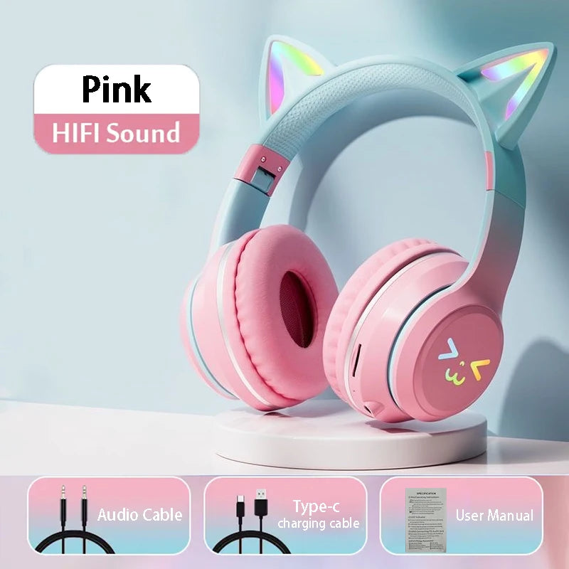 RGB Cat Ear Bluetooth Headphones with LED Lights and Mic (Wireless Gaming Headset)