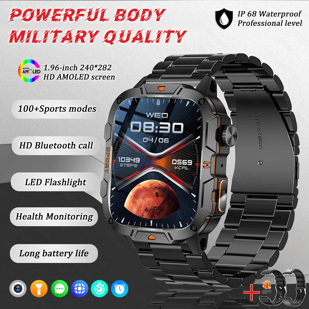 GUHUAVMI Military Grade Smart Watch 1.96in AMOLED Bluetooth Call 5ATM Fitness Tracker 2025