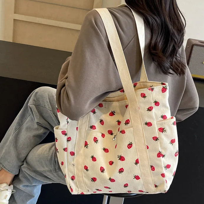 Women’s Corduroy Fruit Print Shoulder Bag Casual Soft Satchel Underarm Commuter Handbag NZ