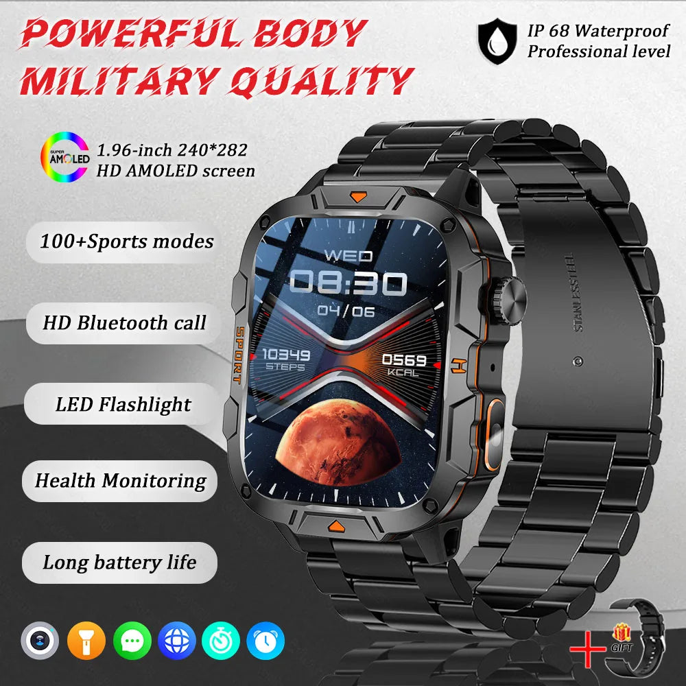 GUHUAVMI Military Grade Smart Watch 1.96in AMOLED Bluetooth Call 5ATM Fitness Tracker 2025