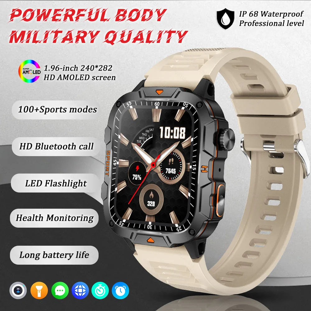 GUHUAVMI Military Grade Smart Watch 1.96in AMOLED Bluetooth Call 5ATM Fitness Tracker 2025