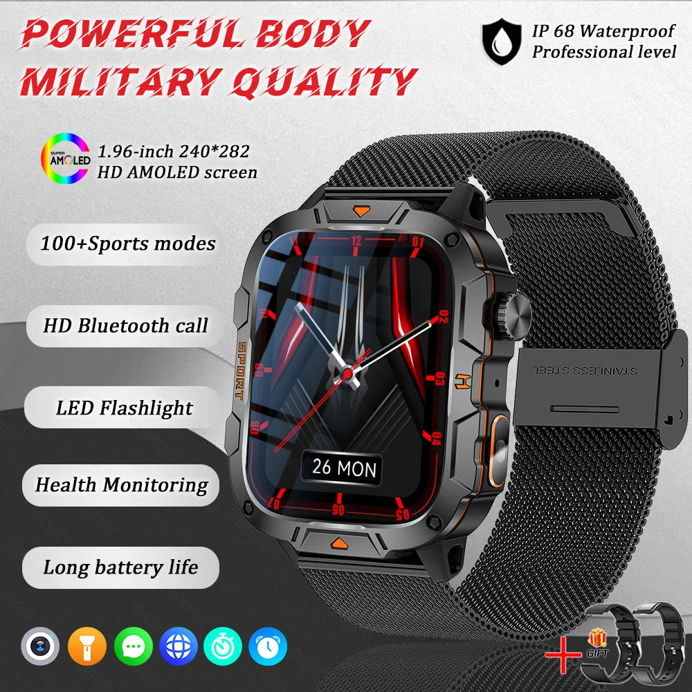 GUHUAVMI Military Grade Smart Watch 1.96in AMOLED Bluetooth Call 5ATM Fitness Tracker 2025