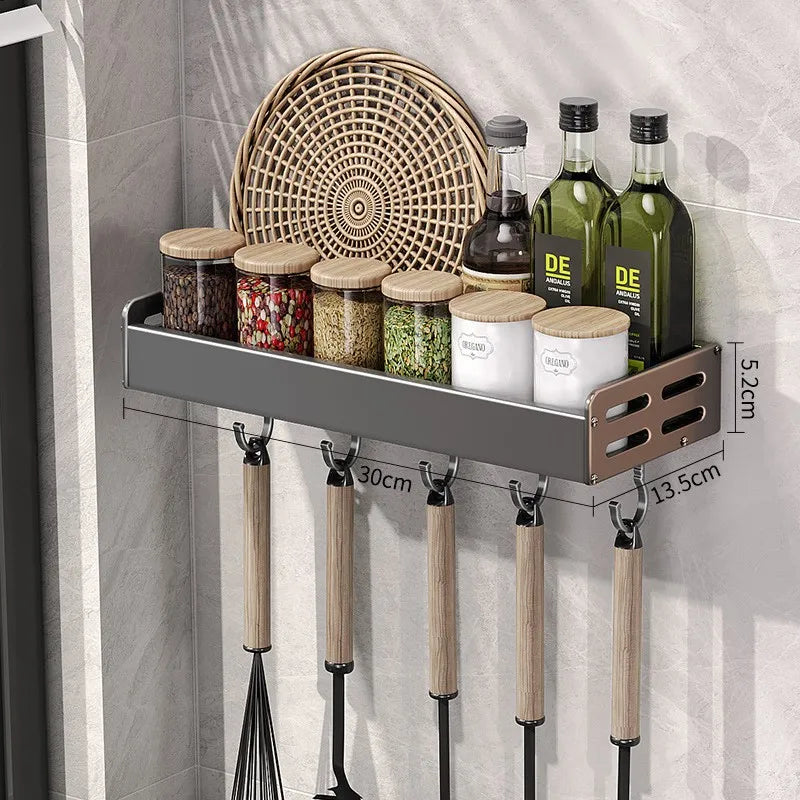 Wall Mount Utensil Holder Kitchen Storage Shelf with Hooks Spice Rack Organiser Stainless Steel