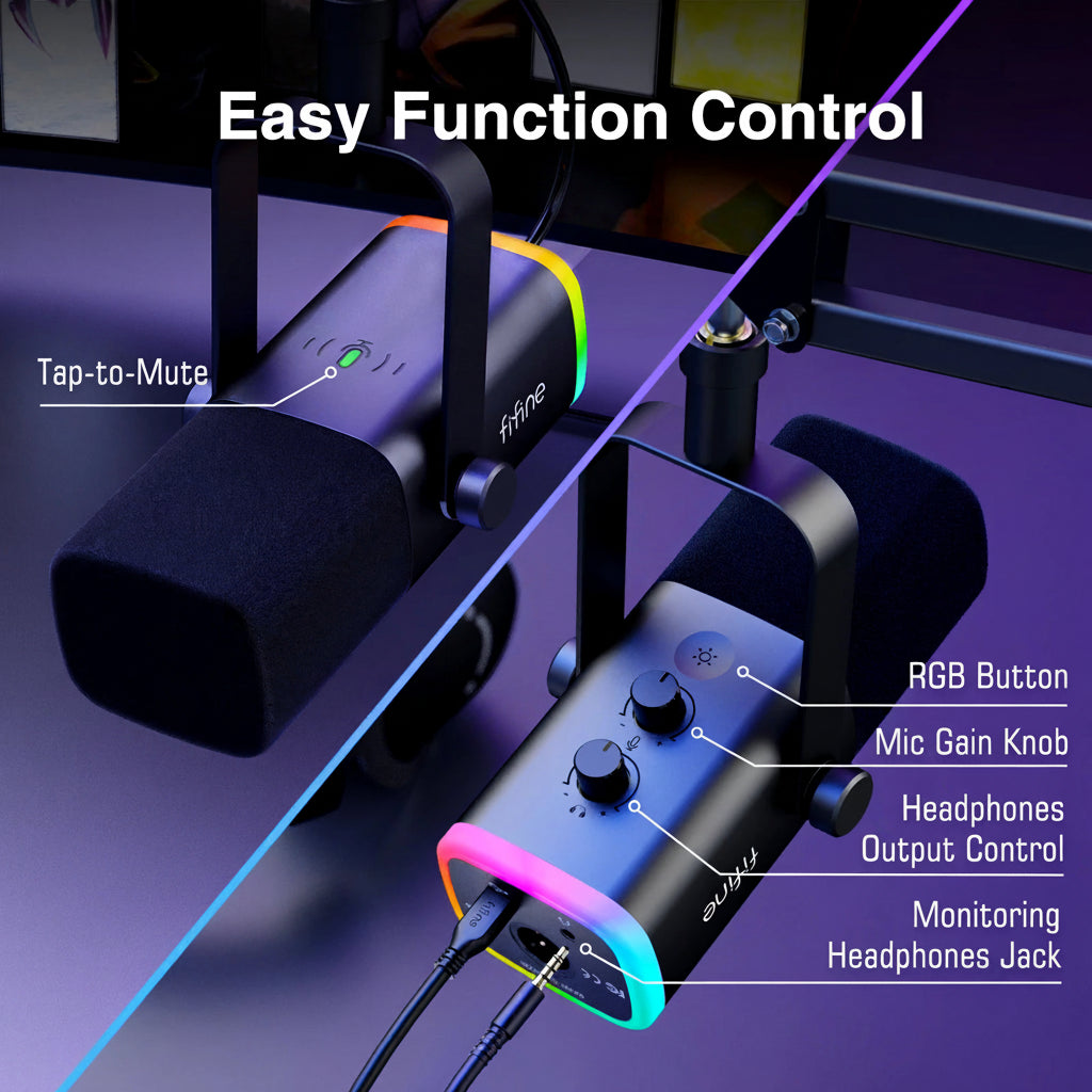 FIFINE AmpliGame AM8T USB/XLR Dynamic Gaming Microphone Kit RGB Boom Arm for PC PS5 Streaming