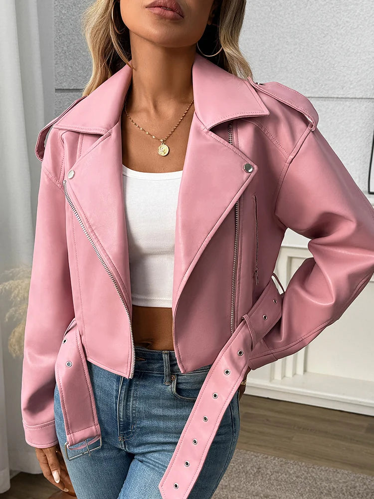 Women’s Chic Faux PU Leather Biker Jacket Belted Zip Moto Short Lapel All Seasons Wear