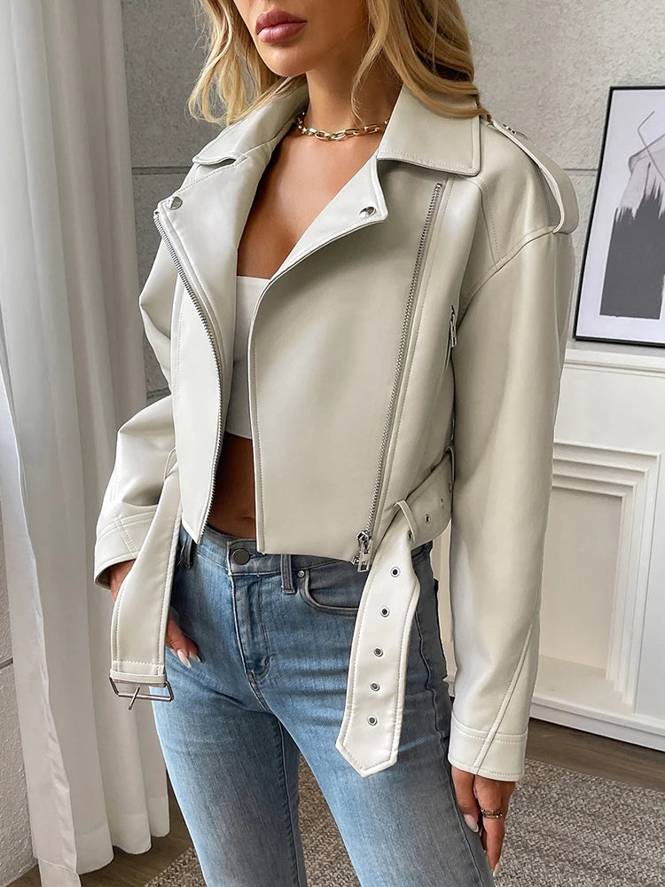 Women’s Chic Faux PU Leather Biker Jacket Belted Zip Moto Short Lapel All Seasons Wear