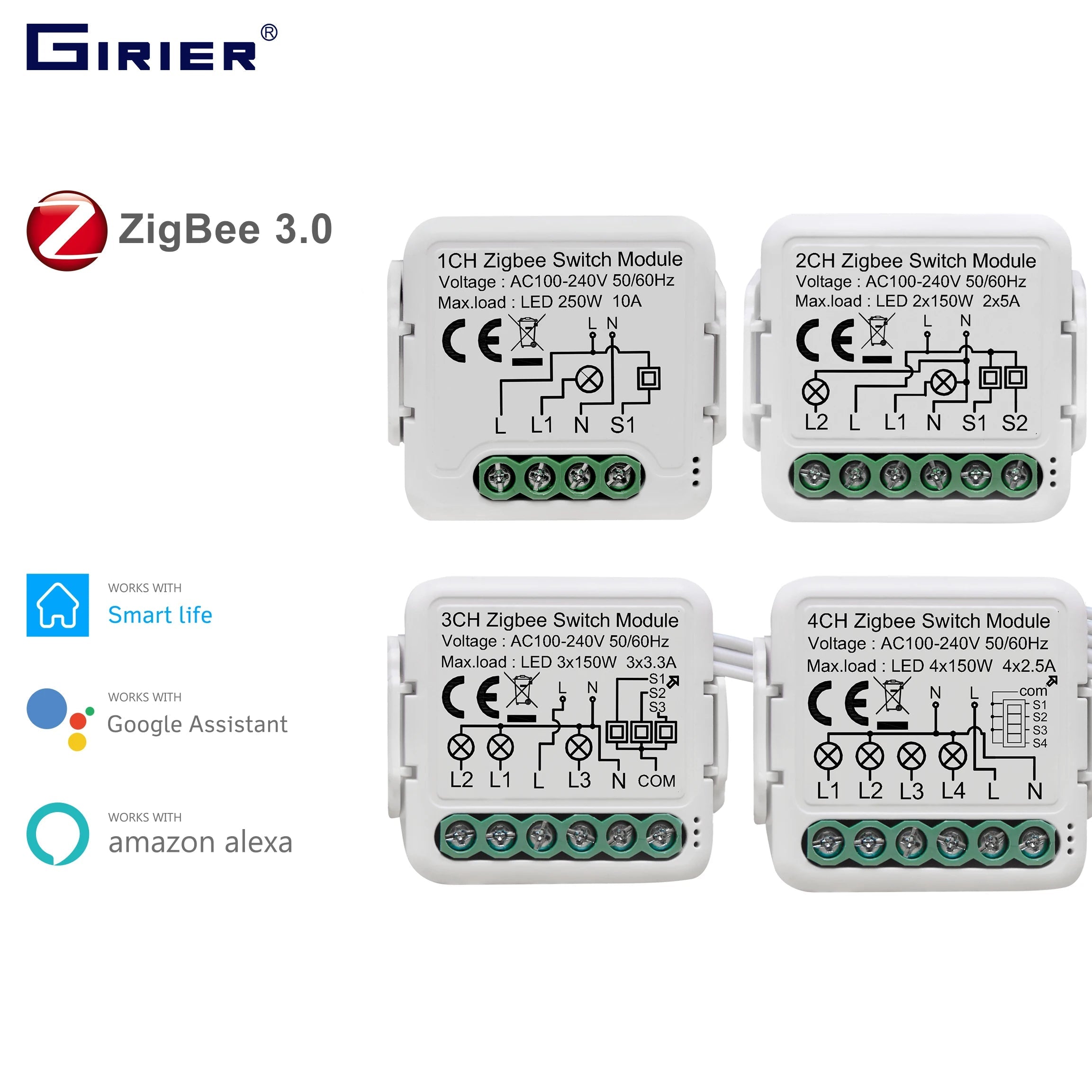 GIRIER ZigBee Smart Light Switch Module 4 Gang DIY Relay Works with Alexa or Google Home