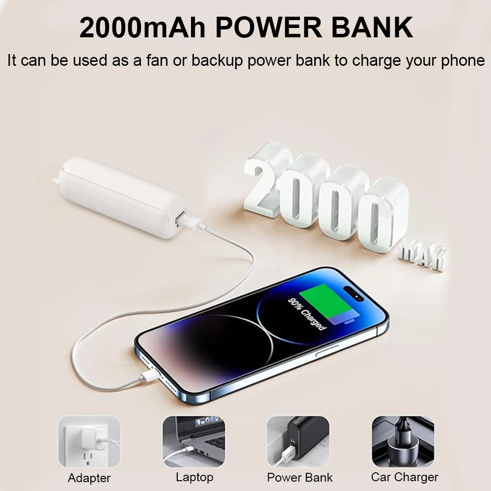 Portable USB Rechargeable Fan 2000mAh 3 Speed Mini Handheld Foldable Pocket Travel Fan with Power Bank