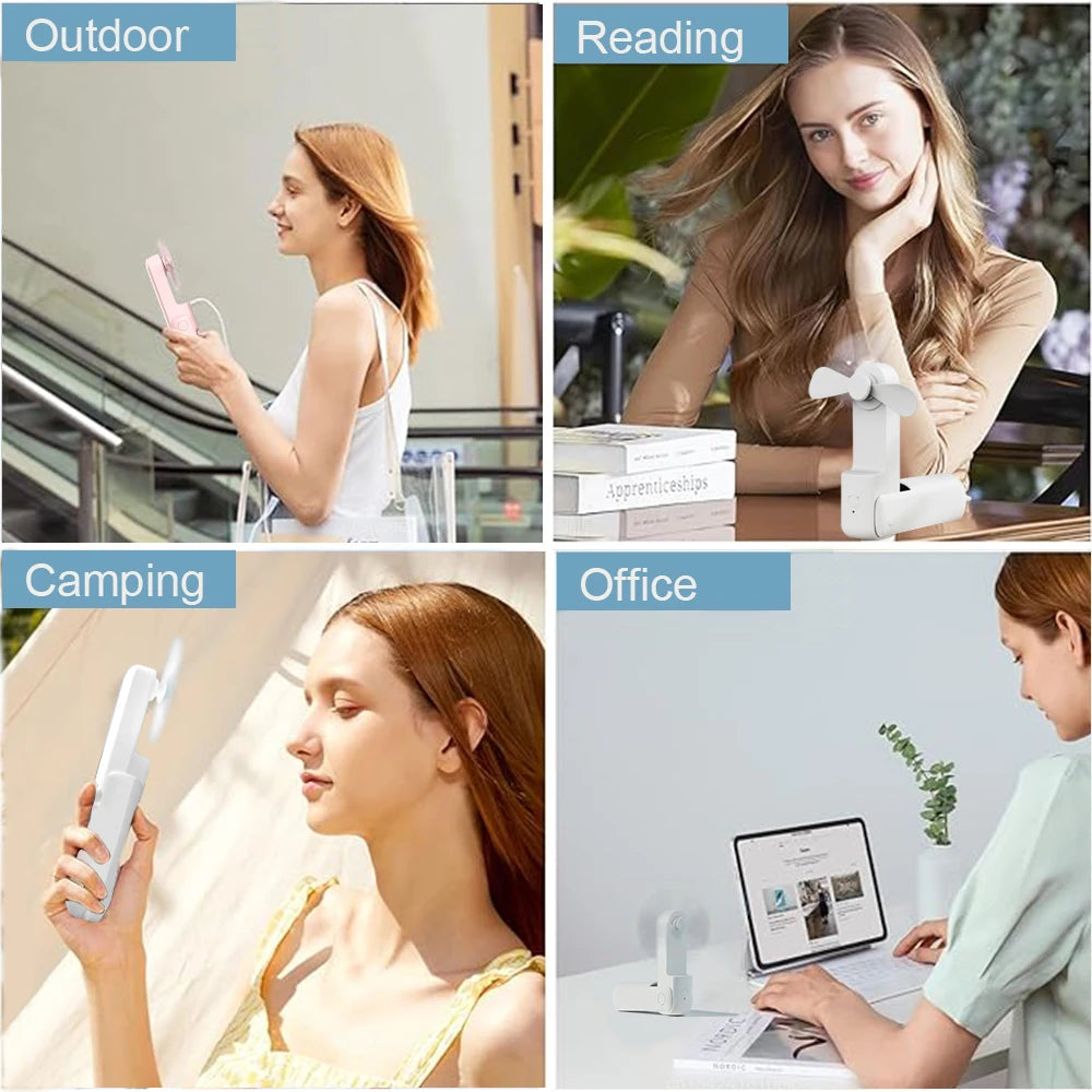 Portable USB Rechargeable Fan 2000mAh 3 Speed Mini Handheld Foldable Pocket Travel Fan with Power Bank