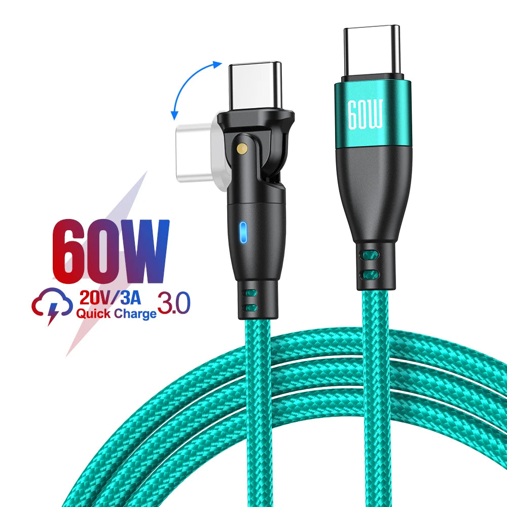 100W USB C to USB C Fast Charging Cable 180° Braided PD Charger Cord with LED Indicator 5A