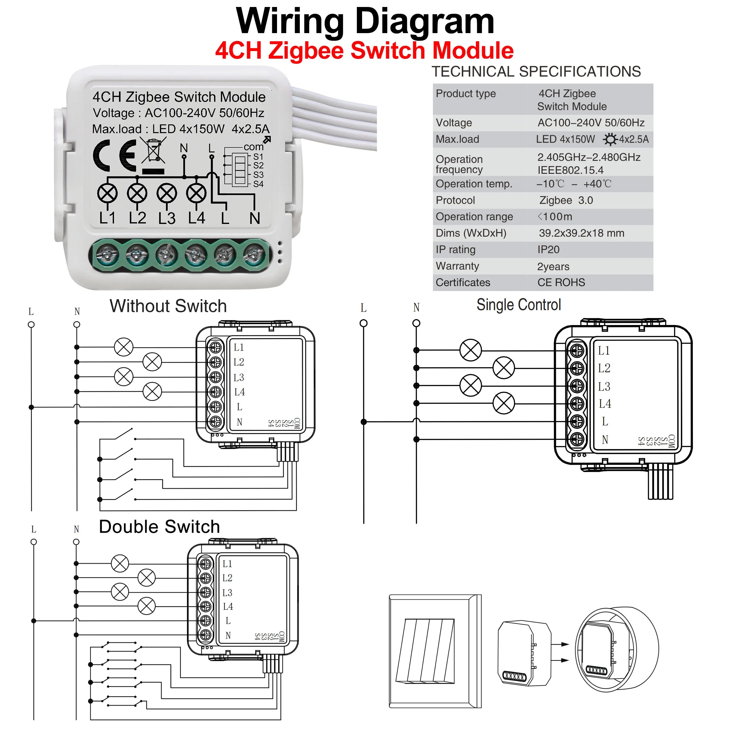 GIRIER ZigBee Smart Light Switch Module 4 Gang DIY Relay Works with Alexa or Google Home