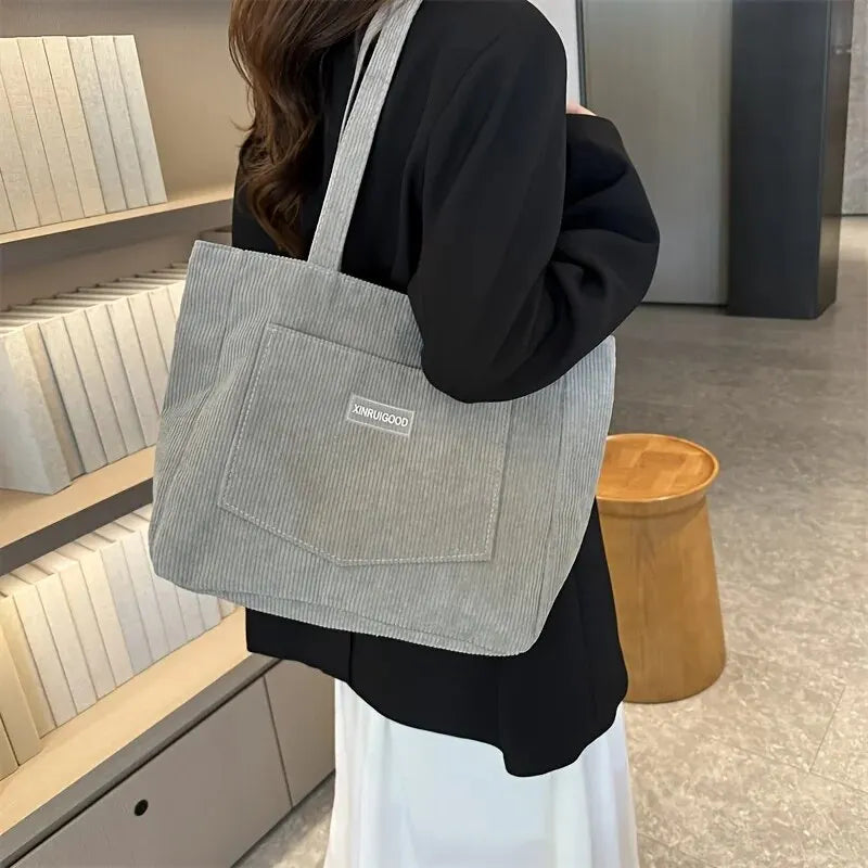 Trendy Corduroy Tote Bag with Front Pocket Large Capacity Casual Shoulder Handbag Women