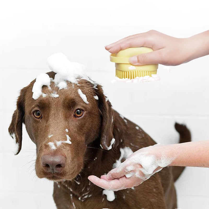 Silicone Pet Bath Brush with Built-In Soap Dispenser – Gentle Grooming for Dogs & Cats