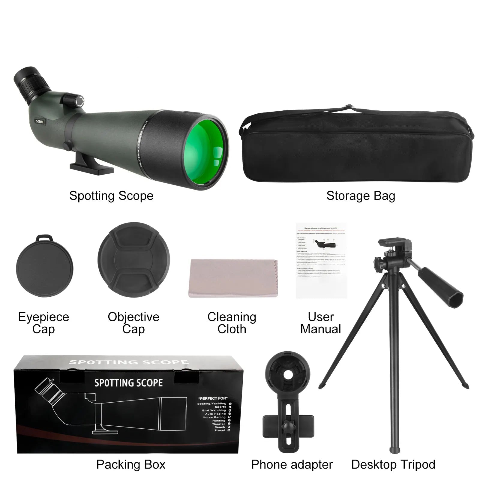 25–75x80 Waterproof Spotting Scope with Tripod & Phone Adapter for Bird Watching Wildlife Shooting