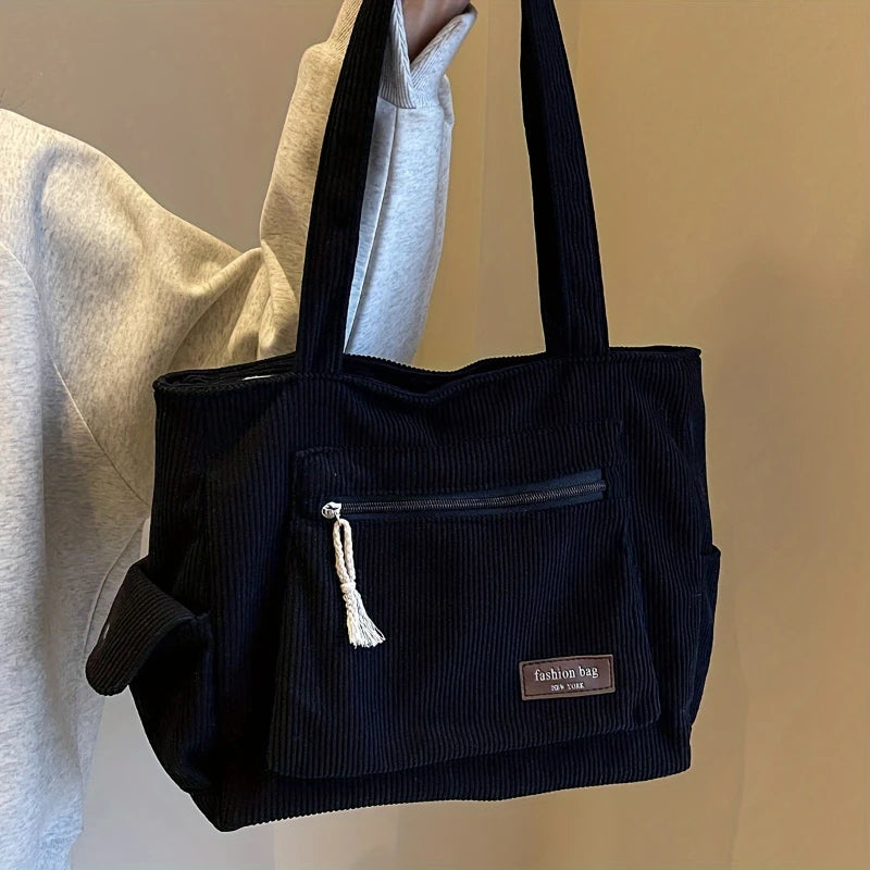 Retro Corduroy Tote Bag Shoulder Handbag with Zipper and Multi Pockets for Work School Shopping