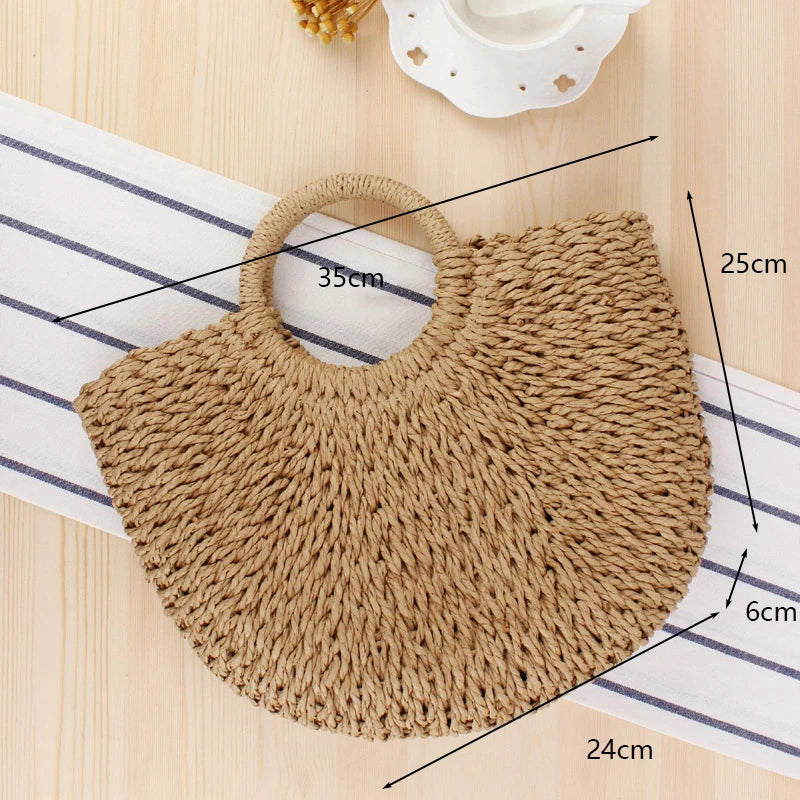 Moon-Shaped Handmade Straw Beach Bag Boho Chic Summer Tote for Women Travel & Holidays