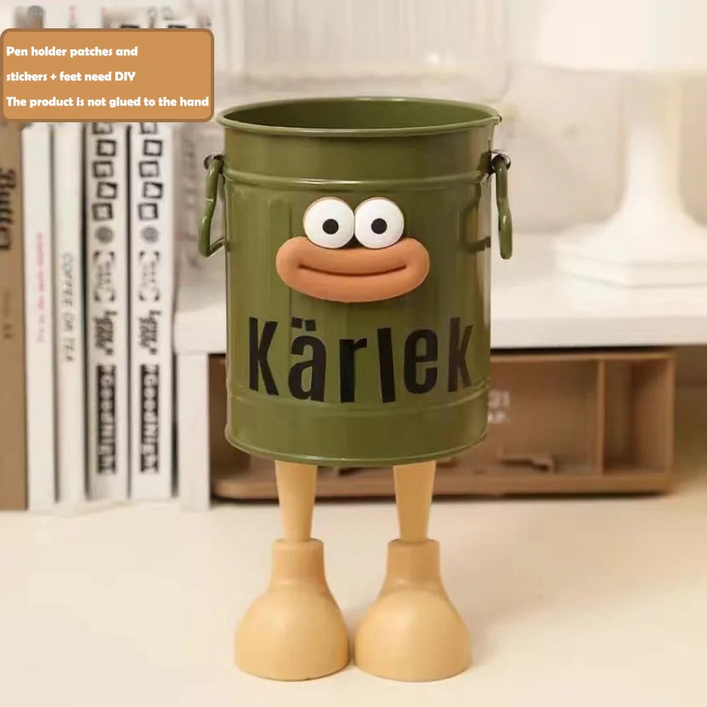 CARTOON PEN HOLDER – Cute Desk Organiser & Simple Office Storage Box with Random Letter Stickers