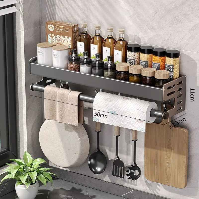 Wall Mount Utensil Holder Kitchen Storage Shelf with Hooks Spice Rack Organiser Stainless Steel