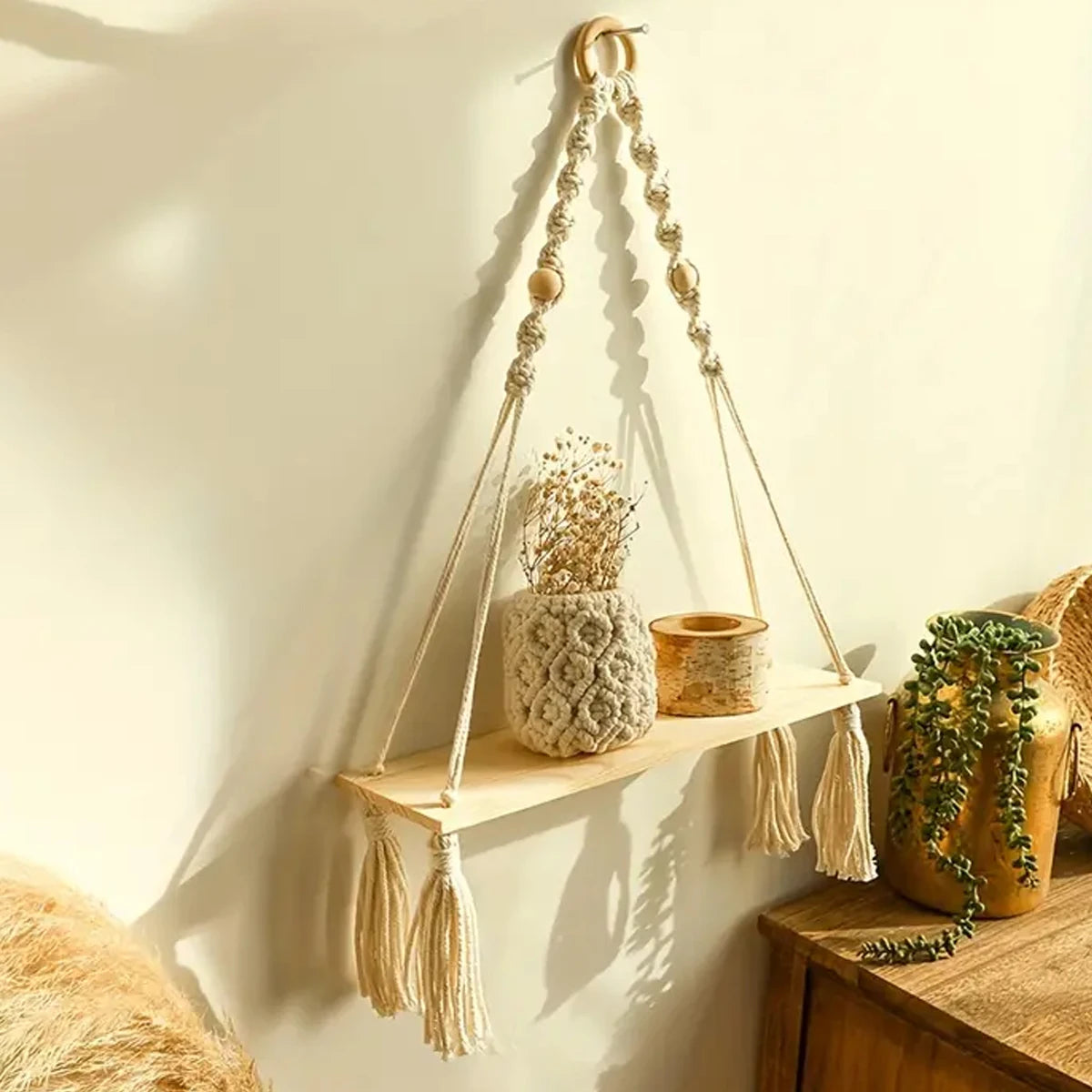 Macrame Hanging Shelf Boho Wall Decor Rustic Wood Floating Plant Holder Bedroom Living Room Decor