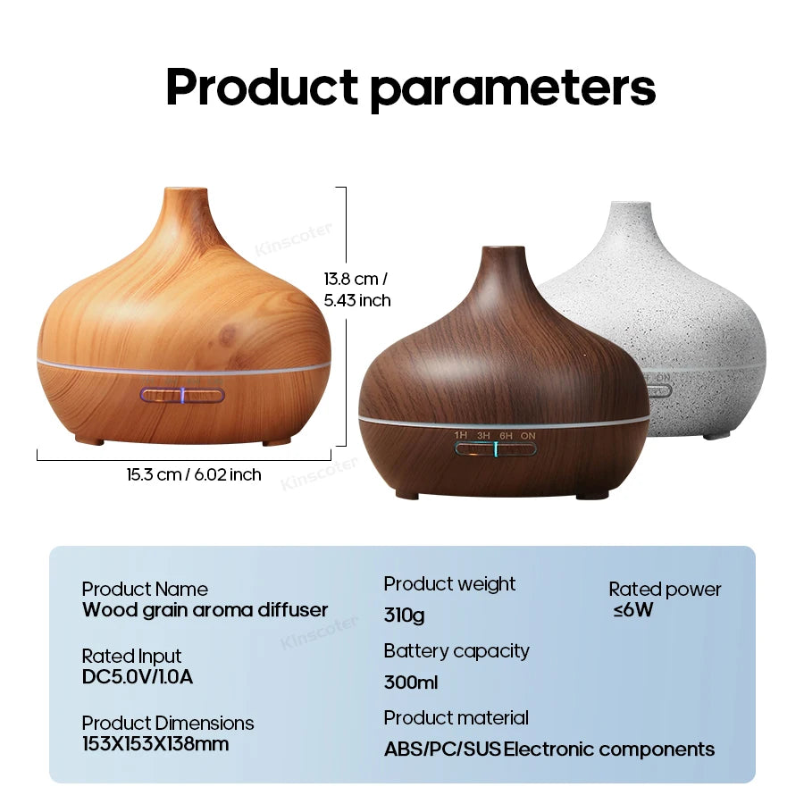 Wood Grain Essential Oil Diffuser 300ml USB Cool Mist Humidifier for Bedroom Home and Office