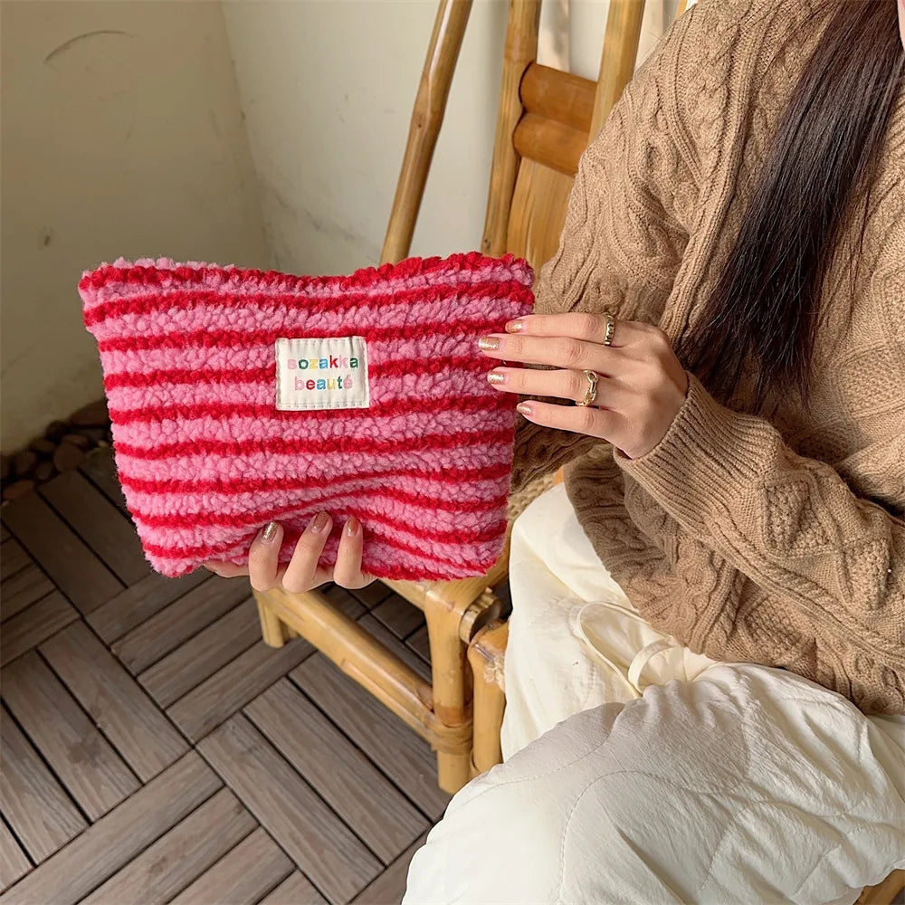 Striped Plush Clutch Cosmetic Bag Large Capacity Stylish Travel Makeup and Toiletries Pouch