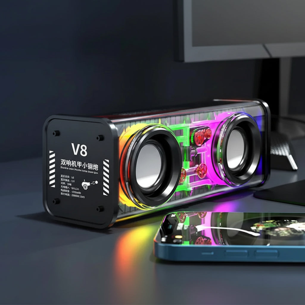 V8 Transparent Mecha Bluetooth Speaker RGB TWS 10W Portable Mini Bass Wireless Party Speaker Stereo