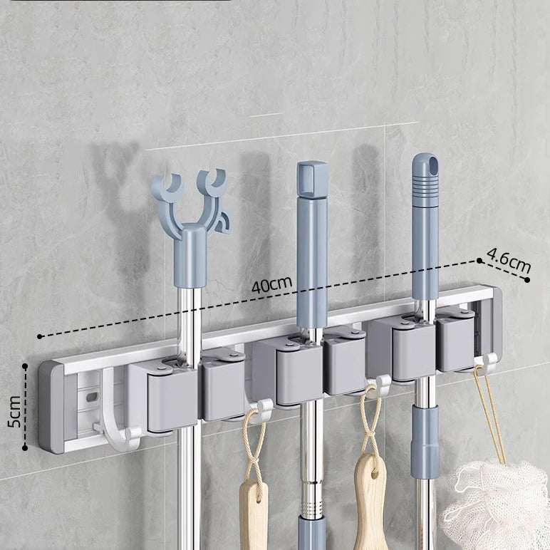 Wall Mounted Mop and Broom Holder Rack Aluminium Organiser with Hooks Adjustable Storage Shelf