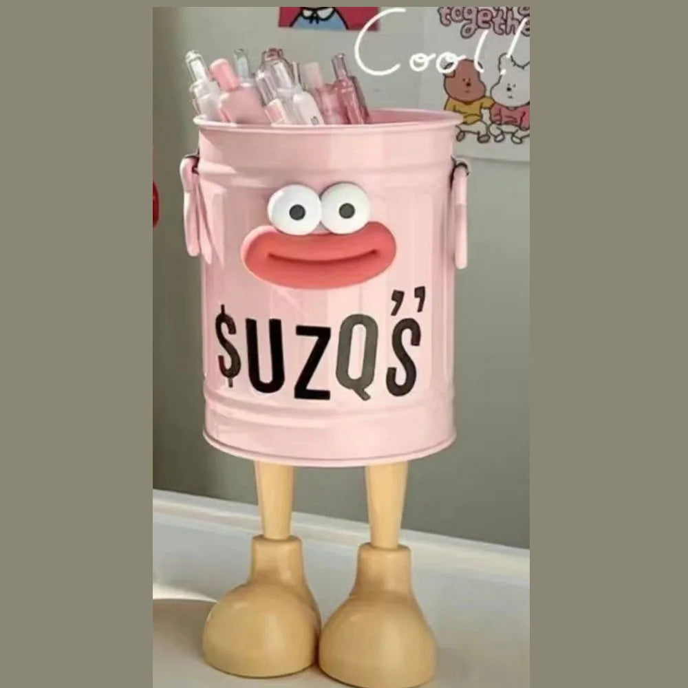 CARTOON PEN HOLDER – Cute Desk Organiser & Simple Office Storage Box with Random Letter Stickers